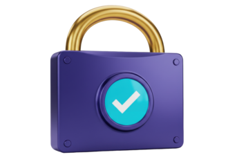 Isolated verified padlock symbol security icon, purple, gold, checkmark inside turquoise ring