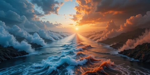 The river divides heaven and hell with different colors and waves.