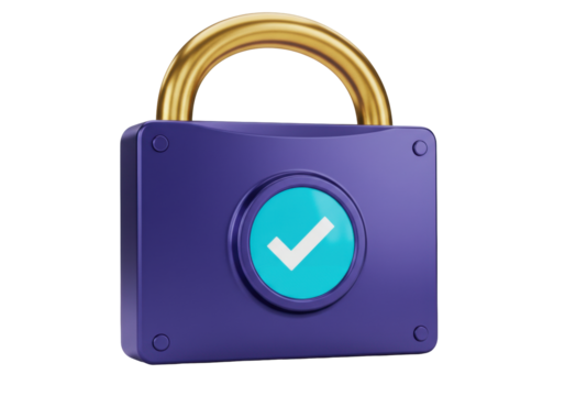 Isolated verified padlock symbol security icon, purple, gold, checkmark inside turquoise ring