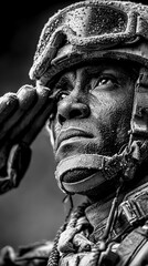Soldier saluting with pride during a rain-soaked mission
