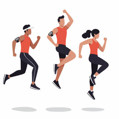 Flat Style Active People Doing Exercise Jumping and Running Illustration