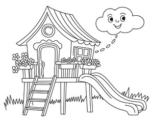Playhouse with slide and smiling cloud black and white line art vector illustration scalable eps silhouette vector illustration white background
