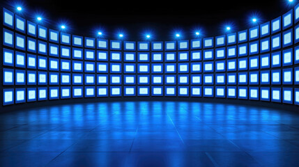 Curved digital screen wall, blue glowing monitors, modern virtual brainstorming room, futuristic technology concept