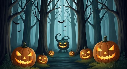 Spooky halloween night with glowing pumpkins in a dark and misty forest scene