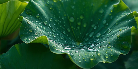 Close-Up Green Lotus Leaf with Water Droplets