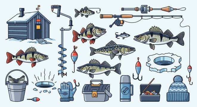 A comprehensive collection of illustrated ice fishing equipment and various fish species on a light blue background.