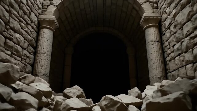 Dark Archway in Ancient Stone Ruins Mysterious Entrance to a Hidden Chamber