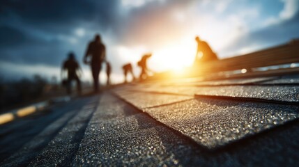 Roofing crew working at sunrise on a glistening wet roof.