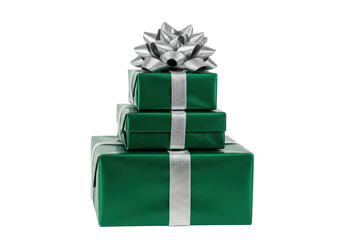 Isolated holiday gift stack with metallic silver ribbon and bow, festive celebration