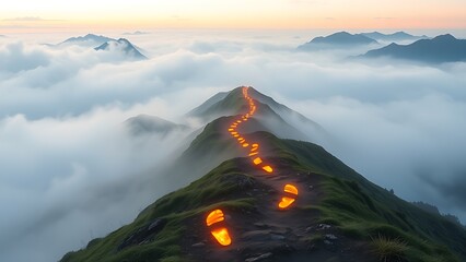 Glowing footprints ascending misty mountains, representing the challenging path of personal health journeys.