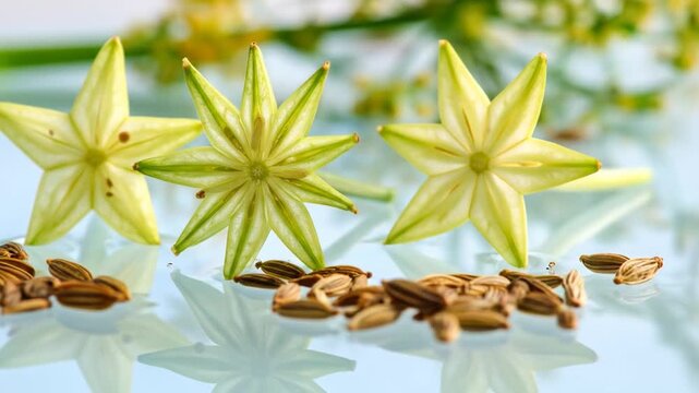 Close-up of Star-Shaped Cumin Flowers and Seeds
