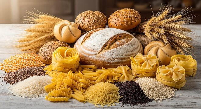Assortment of freshly baked breads and pasta with grains