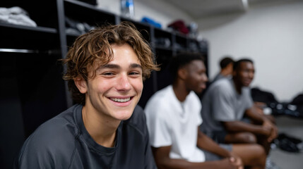 A cheerful young athlete smiles confidently in a locker room, showcasing camaraderie and teamwork among teammates during a break in their sports activities.