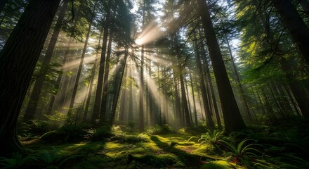 sun rays through mystical forest trees
