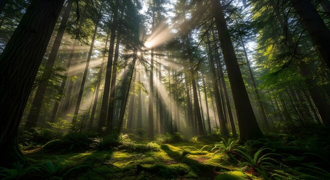 sun rays through mystical forest trees - Powered by Adobe