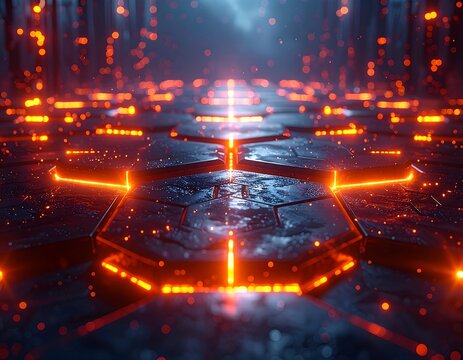 Futuristic hexagonal grid illuminated by glowing orange light