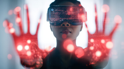 Immersive Technology: A woman experiencing virtual reality, her hands outstretched towards glowing particles, showcasing the intersection of technology and human interaction.