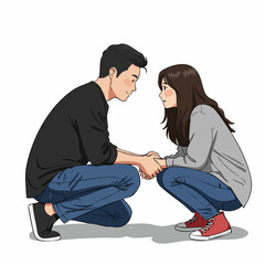 Cute Cartoon Style Couple Squatting Holding Hands Looking at Each Other Character
