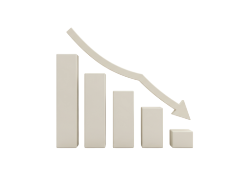 Isolated decreasing chart with an arrow, bar graph showing a falling trend, graph