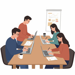 Flat Illustration Team Meeting at Long Table in Office Space