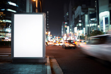 Blank poster mockup at night in the city with light bokeh