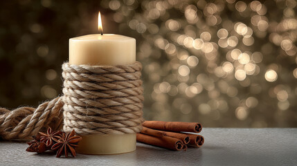 Candle wrapped in rope with cinnamon sticks and star anise for DIY decorations  