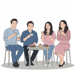 Minimalist Line Art Group of Friends Gathering Enjoying Coffee