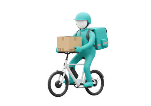 Isolated man on bicycle delivering parcel, food delivery by bike, delivery service