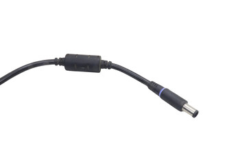 Close-up of a black laptop charger cable with DC barrel connector, isolated on transparent background, realistic detail, electronic accessory, clean product photo style