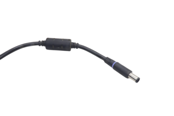Close-up of a black laptop charger cable with DC barrel connector, isolated on transparent background, realistic detail, electronic accessory, clean product photo style