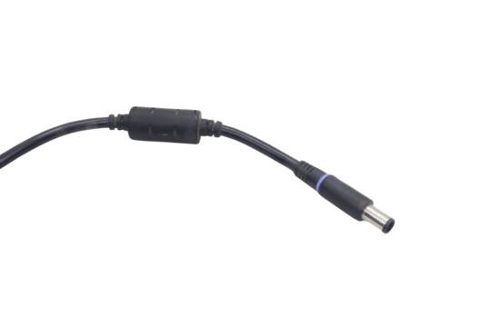 Close-up of a black laptop charger cable with DC barrel connector, isolated on transparent background, realistic detail, electronic accessory, clean product photo style