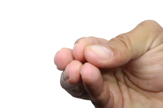 Close-up of a human hand making the money gesture with fingers pinched together, realistic skin texture, isolated on transparent background, detailed lighting and shadows, macro photography style