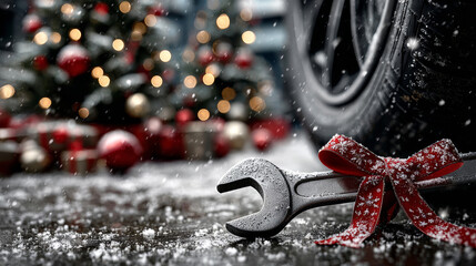 Car service. Wrench tied with a red ribbon resting lies next to car wheel, tree and Christmas gifts. Christmas and New Year greetings from the car service, auto repair shop. With copy space