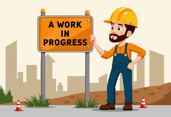 Illustration of a Construction Worker in Protective Gear Holding a Warning Signboard with a Cityscape Background Indicating an Ongoing Development Area