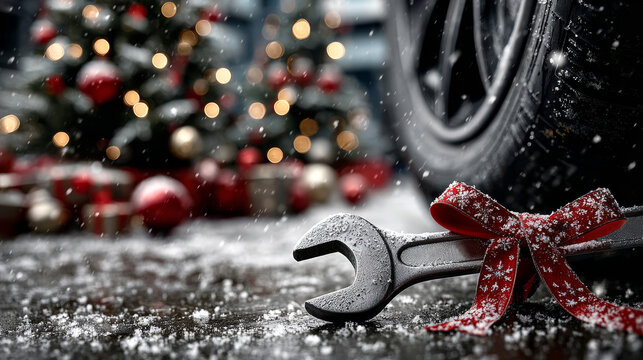Car service. Wrench tied with a red ribbon resting lies next to car wheel, tree and Christmas gifts. Christmas and New Year greetings from the car service, auto repair shop. With copy space