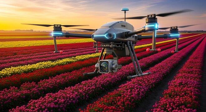 Agricultural drone flying over a colorful field of tulips at sunset - Powered by Adobe