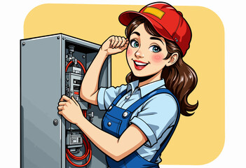 Smiling female electrician in overalls and red cap confidently works on electrical panel, ensuring safe and efficient wiring connections for residential projects