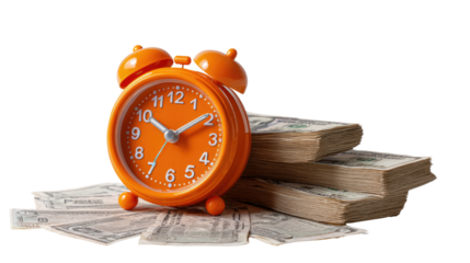 an orange clock with dollar bills on white background