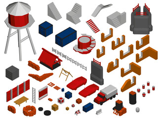 Isometric low poly asset pack featuring a water tower, boxes, vehicles, and a ladder on a clean white background. Isometric view