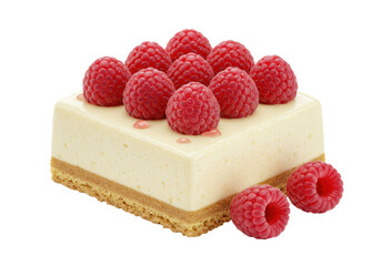 Isolated raspberry cheesecake square topped with berries with two berries aside for serving