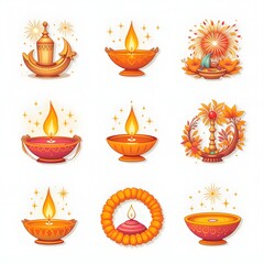 Bright Flat Diwali Icon Set with Colorful Festive Elements