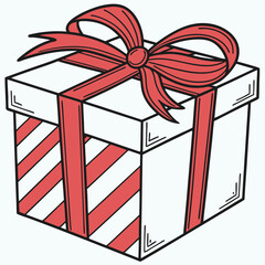 A white gift box with diagonal red stripes, wrapped in red ribbon and topped with a large decorative bow.