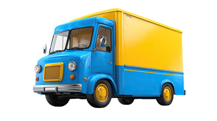 3d icon of blue and yellow delivery truck on white background