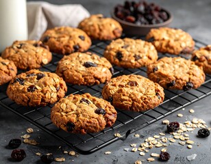 Homemade oatmeal raisin cookies on a cooling rack