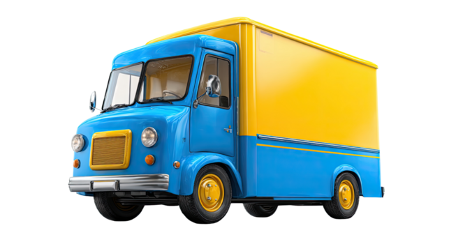 3d icon of blue and yellow delivery truck on white background