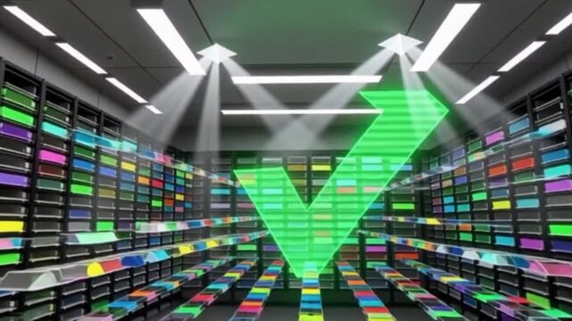 Abstract futuristic business concept with glowing lines and a blue financial arrow chart, depicting stock market success and data growth