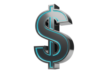 Isolated metallic dollar sign icon with luminous cyan outlines, digital currency design