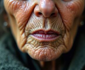Obraz premium Close-up of an elderly woman's face showcasing intricate wrinkles, lines, and textures highlighting the beauty of aging in natural light and soft focus