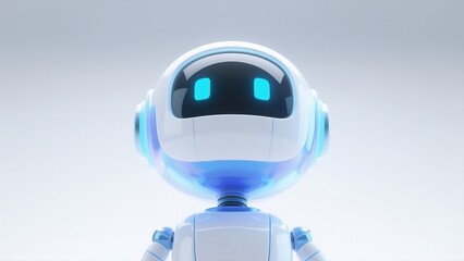 Friendly robot character with reflective surfaces and sleek design, soft even lighting in clean studio setting, advanced technological atmosphere