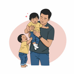 Hand Drawn Father Holding Baby with Toddler Illustration People